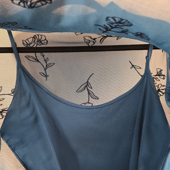 2/$20 Teal Short Sleeve Floral Dress - Semi Sheer Layer Over Strappy Dress - Picture 4 of 4